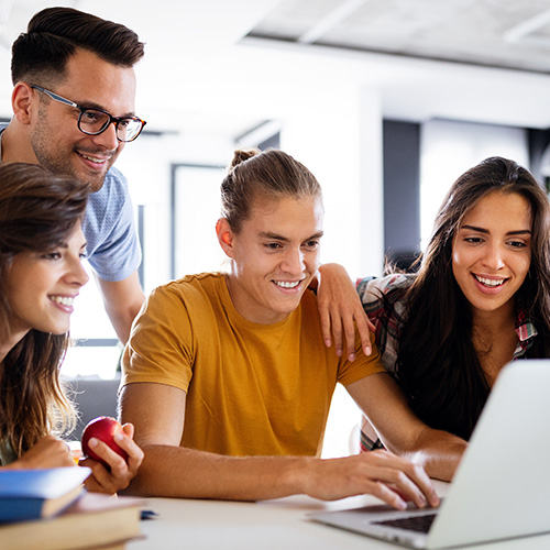 Vier junge Erwachsene schauen zur Weiterbildung auf einen Laptop