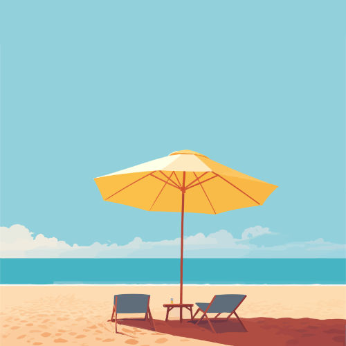 Gelber Sonnenschirm am Strand mit- zwei Sonnenliegen und ein Cocktail als Grafik